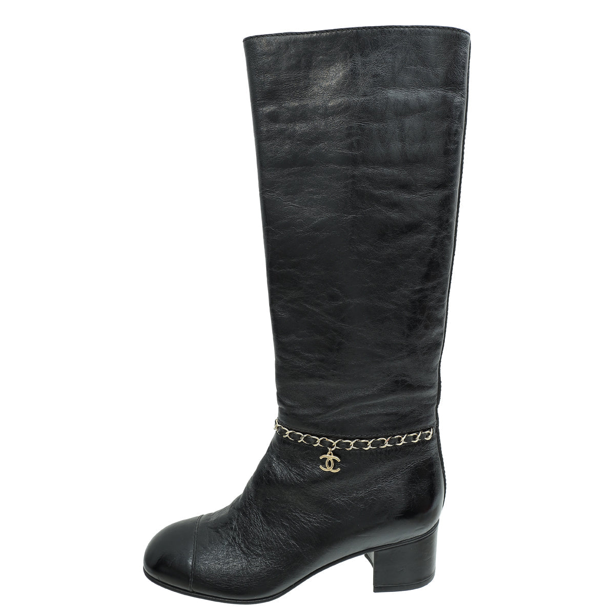 Chanel Black CC Cap Toe Chain High Boots 37.5