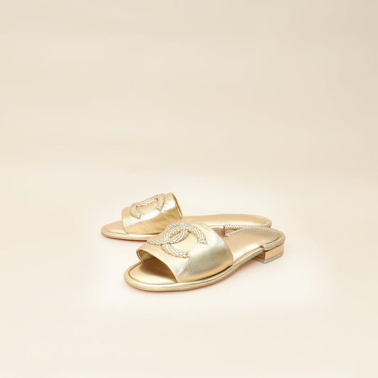 Chanel Metallic Gold CC Braided Slides Mules 40.5