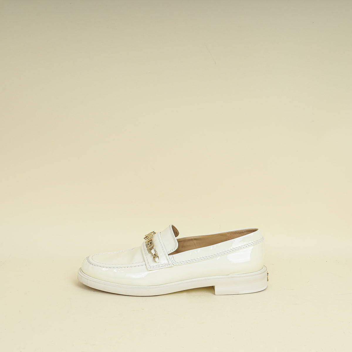 Chanel White Ivory Logo Patent Moccasins 39.5