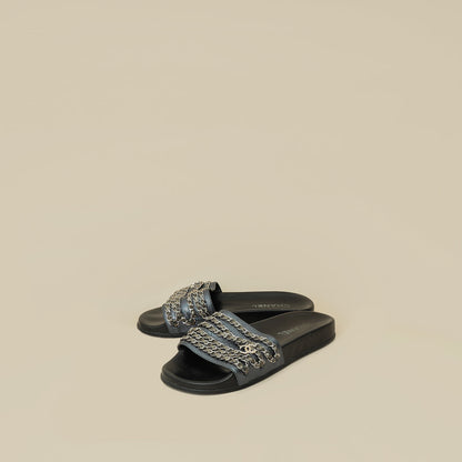 Chanel Metallic Blue Grey CC Charm Chain Slide Sandal 39