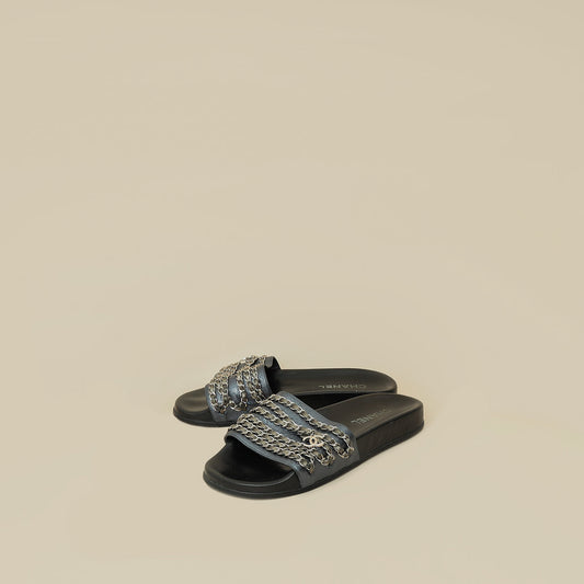Chanel Metallic Blue Grey CC Charm Chain Slide Sandal 39