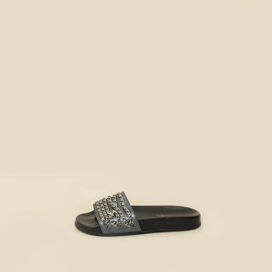 Chanel Metallic Blue Grey CC Charm Chain Slide Sandal 39