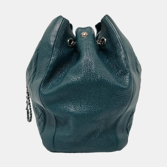 Chanel Gabrielle Drawstring Bucket Bag Medium Dark Green Calfskin Leather Silver Hardware