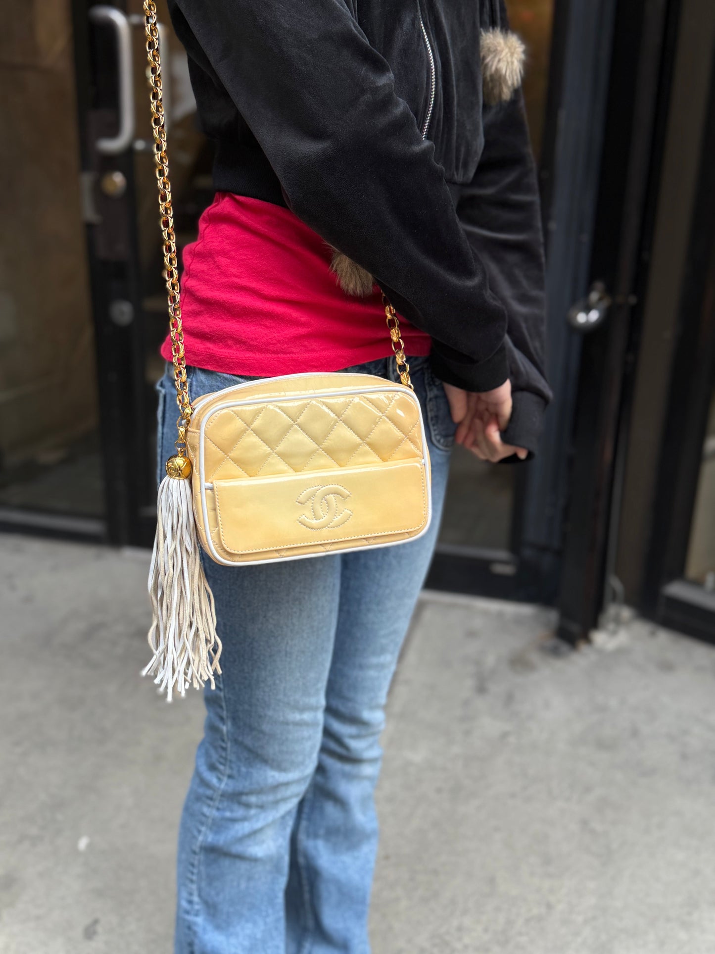 Chanel CC Patent Quilted Yellow Camera Bag 1991