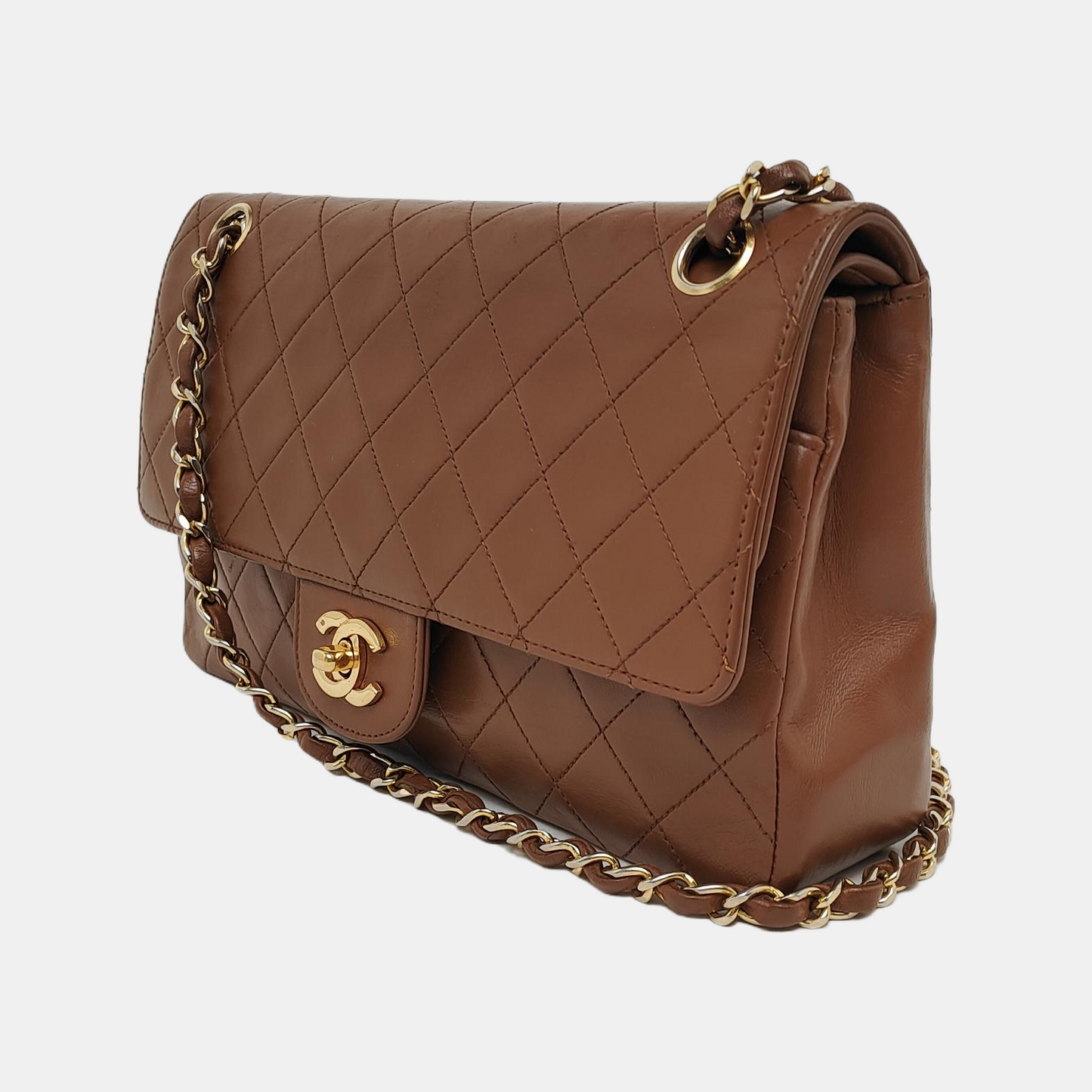 Chanel Classic Flap   Medium Tan Brown Lambskin Leather 24k Gold Hardware