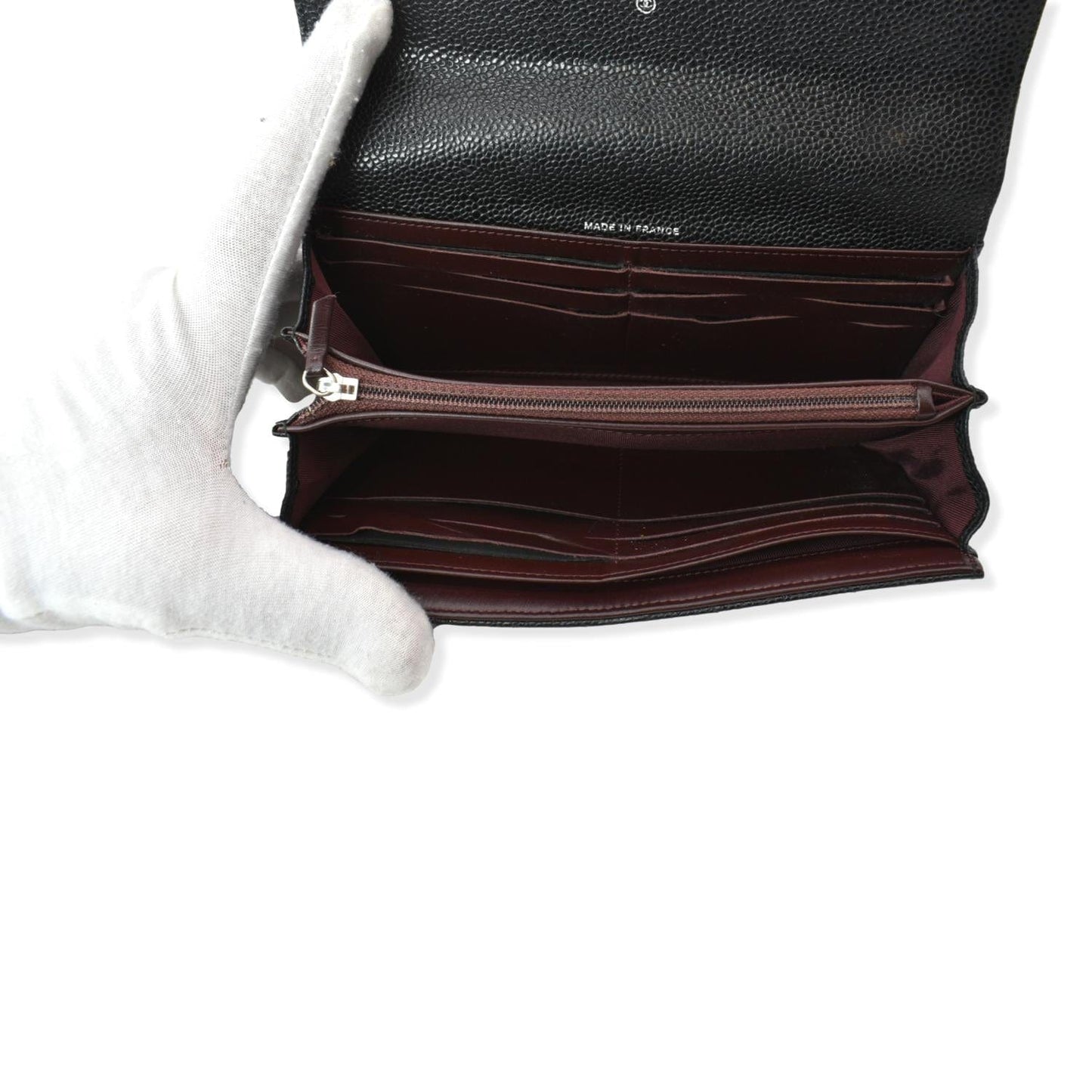CHANEL Gusset Flap Caviar Leather Wallet Black