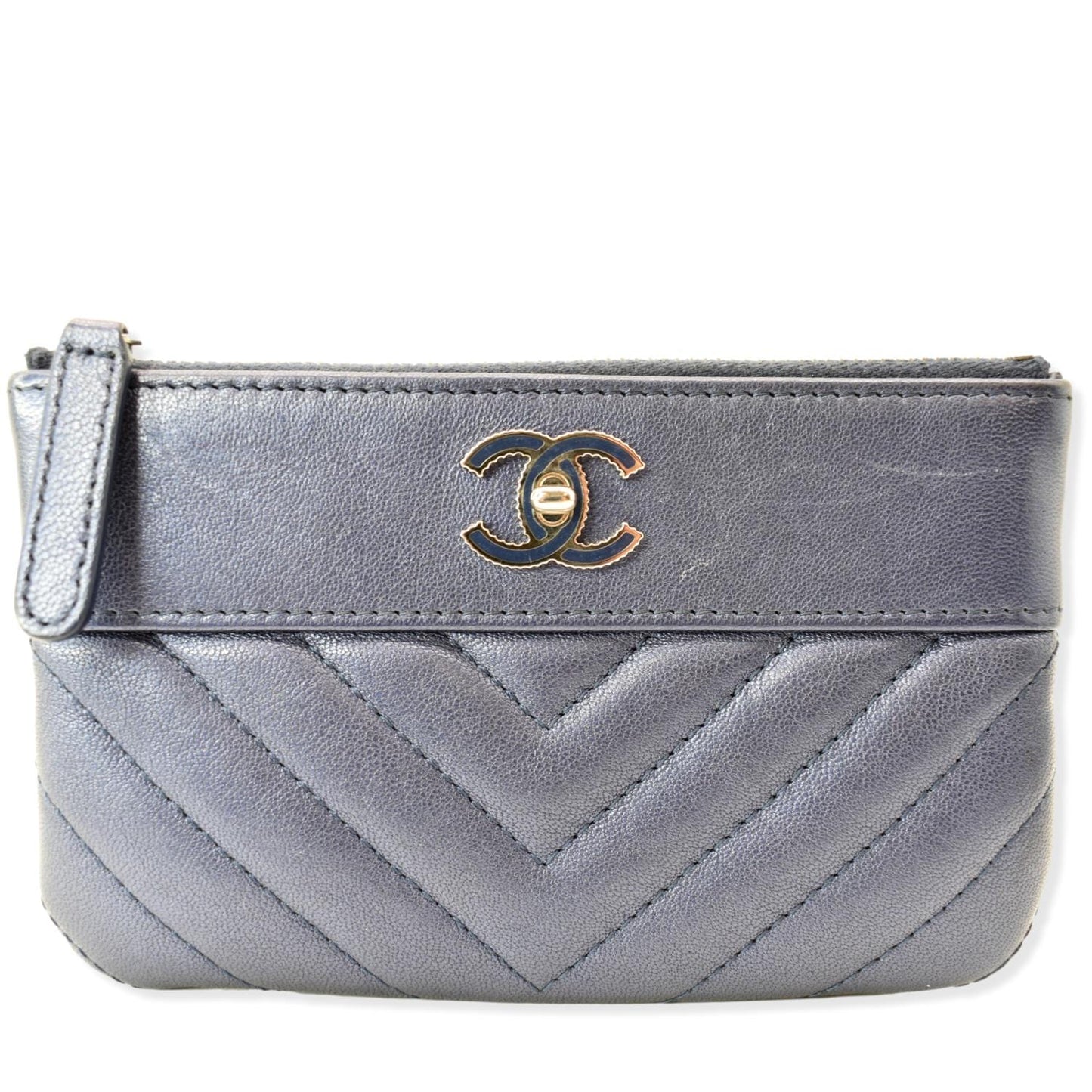 CHANEL Small   Mademoiselle Leather Cosmetic Case Blue