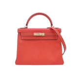 Hermes Kelly 28 Retourne Calfskin Leather Rose Exterior Brown Interior Gold Hardware Double Ring