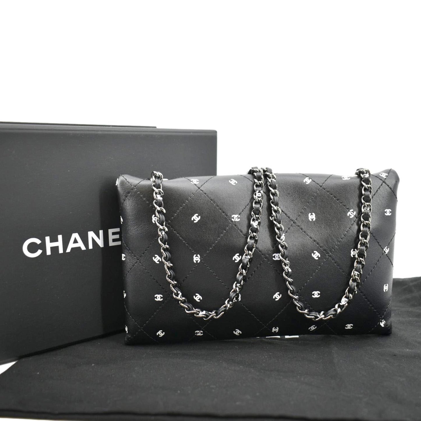 CHANEL CC Envelope Printed Lambskin Leather Chain Clutch Bag Black