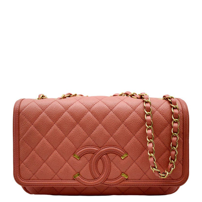 CHANEL CC Filigree Small Flap Caviar Leather Crossbody Bag Red
