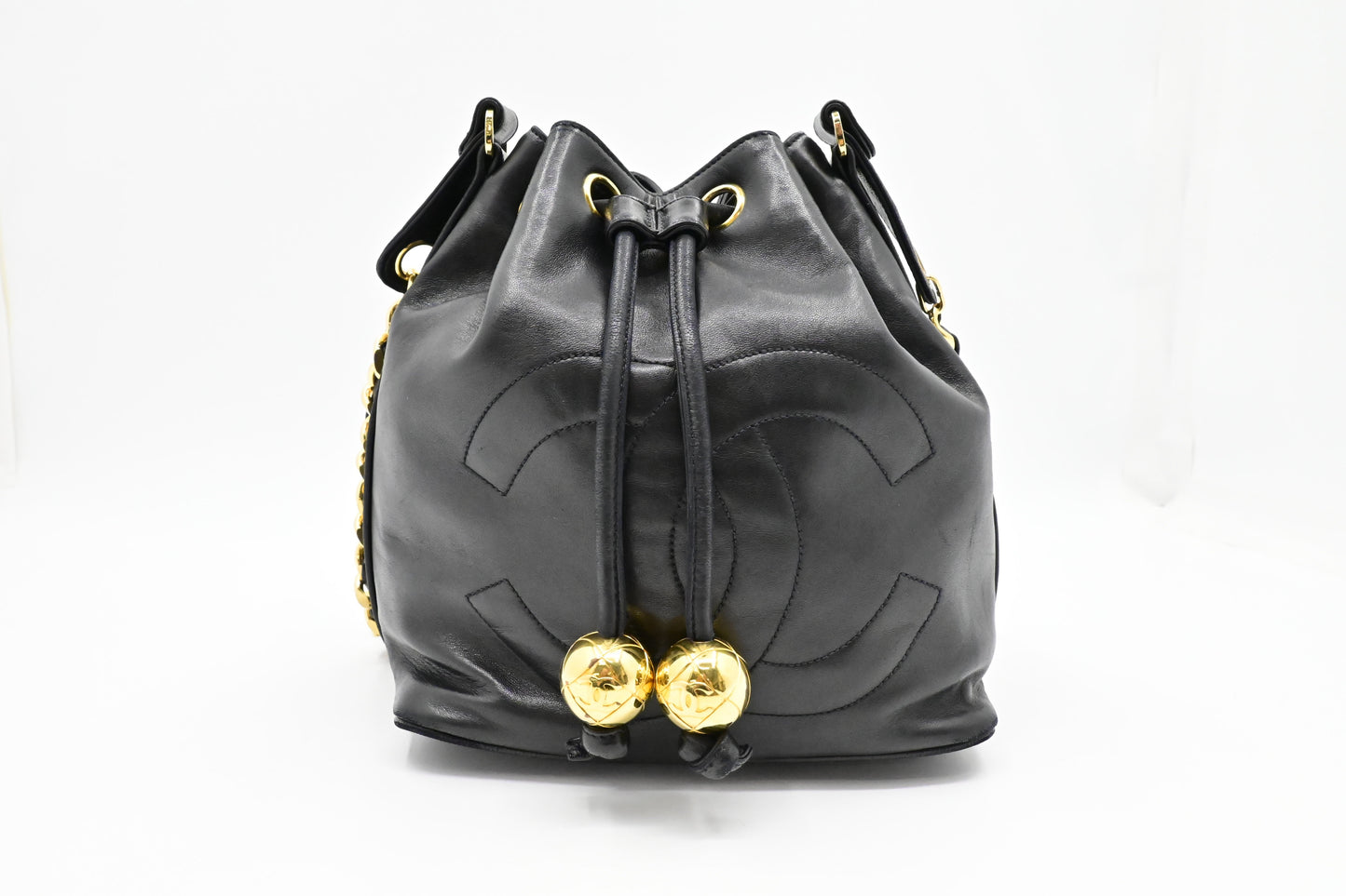 Chanel Drawstring Bucket Bag in Black Leather