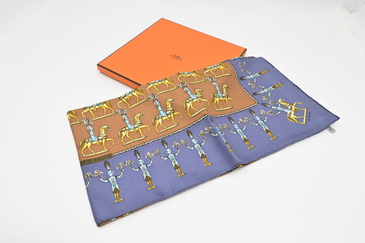 Hermes 'Les Artificers' Carre 90 in Blue & Brown Silk