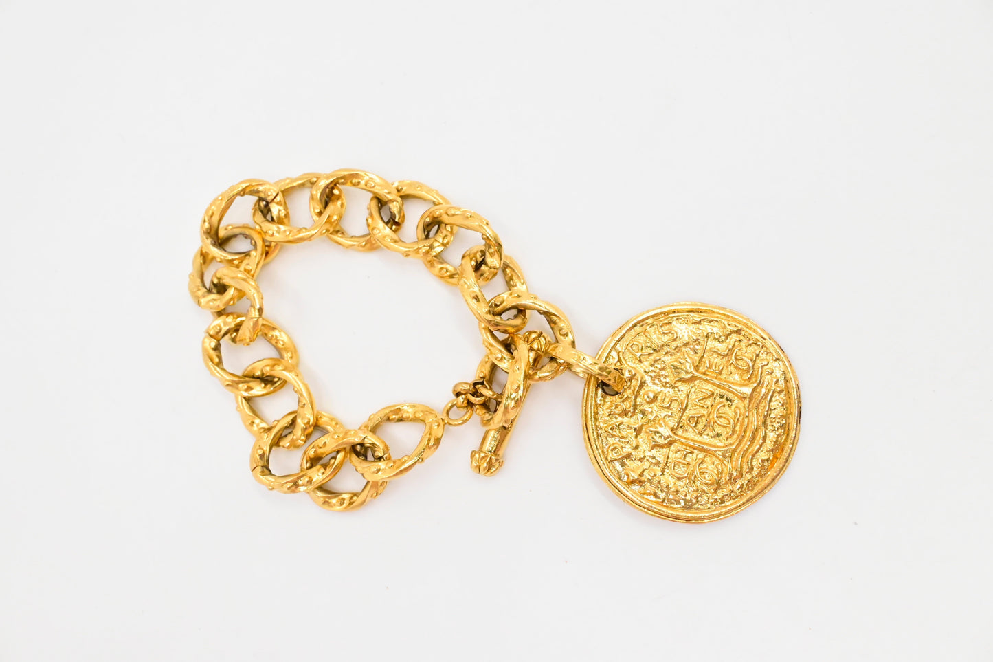 Chanel Gold Logo Round Medallion Chain Link Bracelet