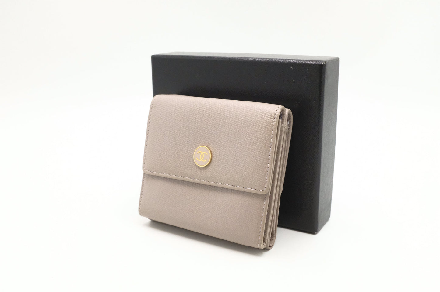 Chanel Compact Wallet in Grey Beige Leather