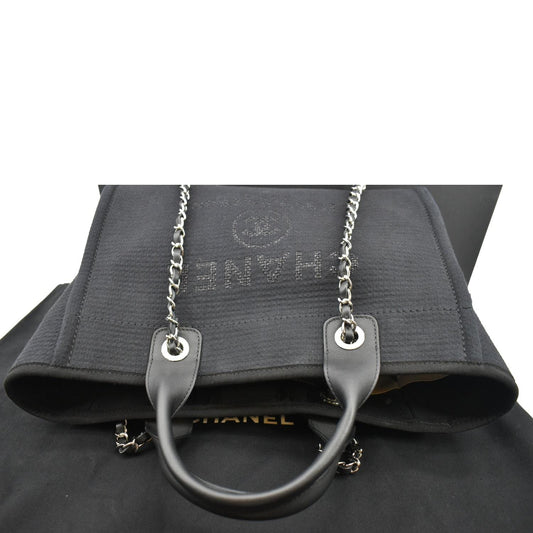 CHANEL Deauville Small Canvas Leather Tote Bag Dark Blue