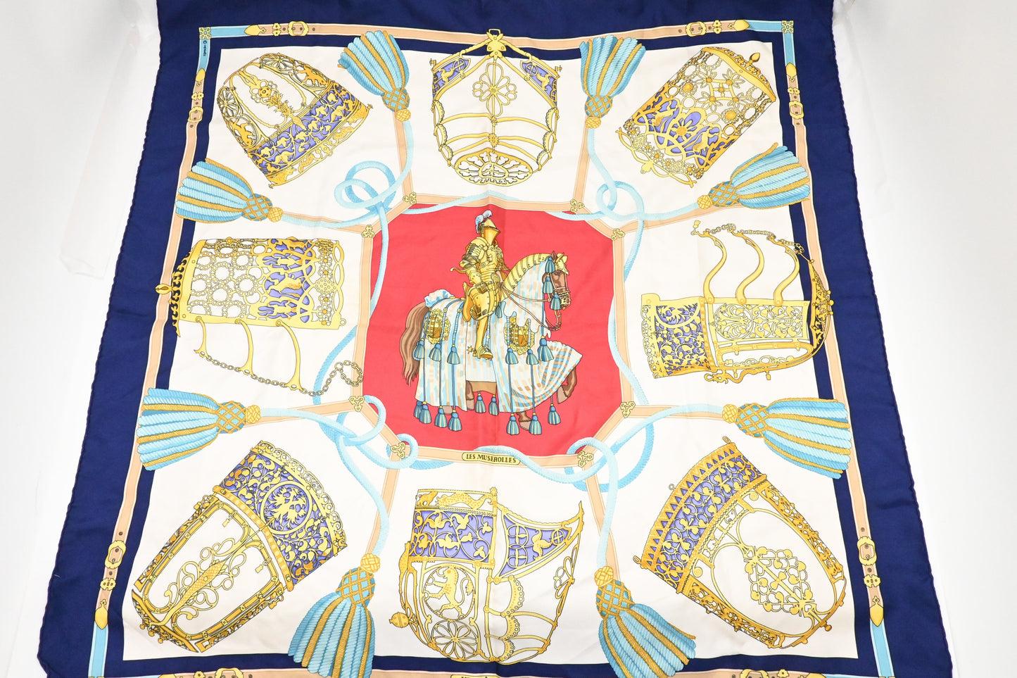 Hermes 'Les M rolles' Carre 90 in Navy Blue Silk