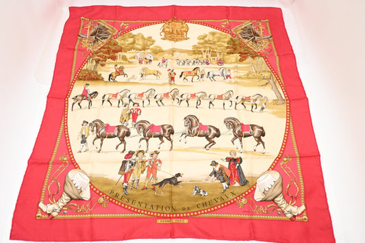 Hermes 'Presentation de Chevaux' Carre 90 in Red Silk