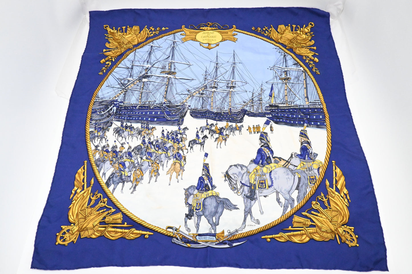 Hermes 'Marine et Cavalerie' Carre 90 in Blue Silk