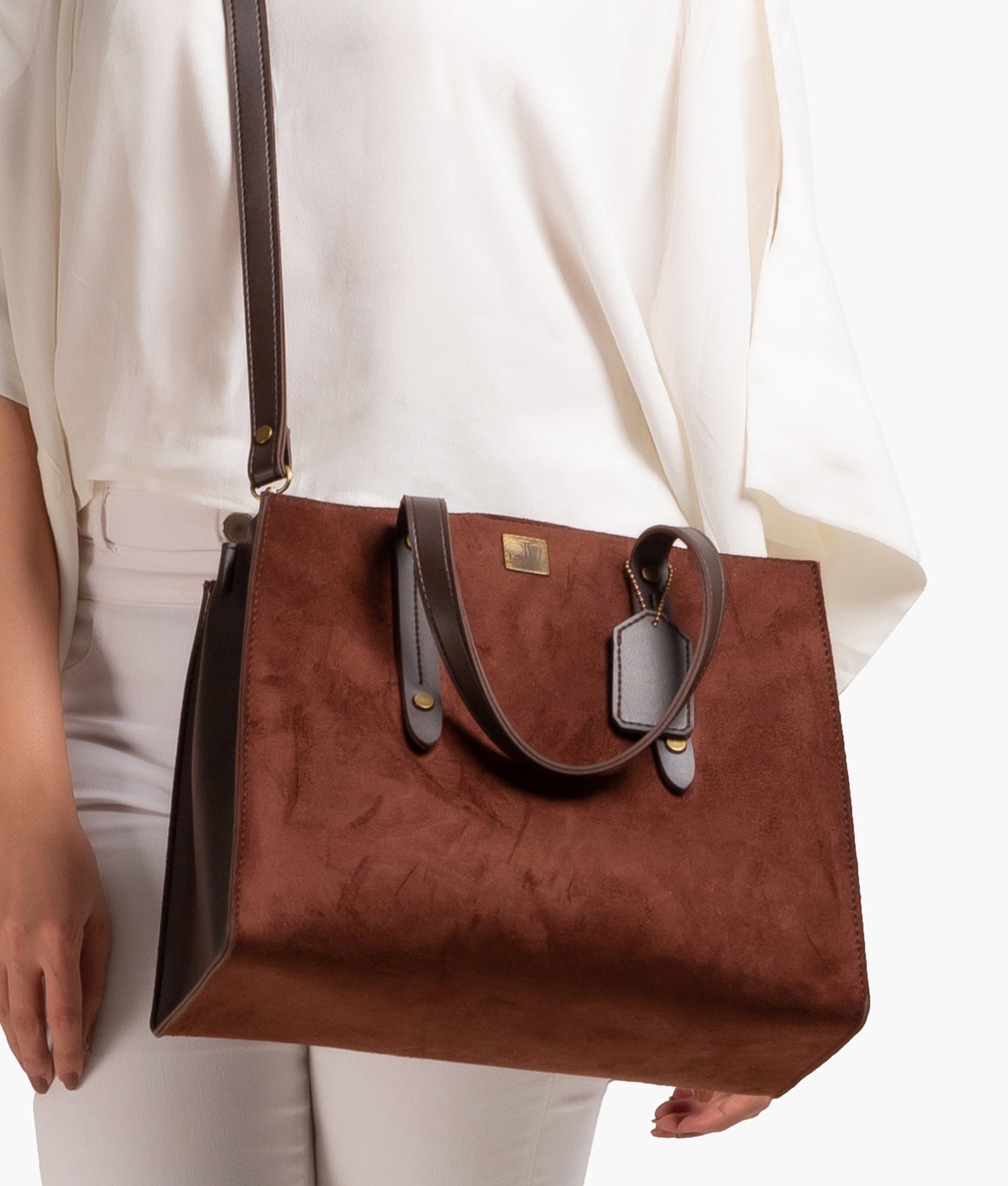 Dark brown suede multi compartment satchel bag