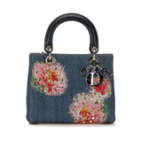 Dior Medium Denim Floral Embellished Lady Dior (SHG-9x1Q2j)