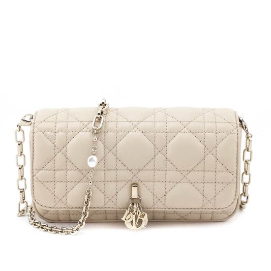 Dior Beige Calfskin Cannage Lady Dior Talk Phone Pouch