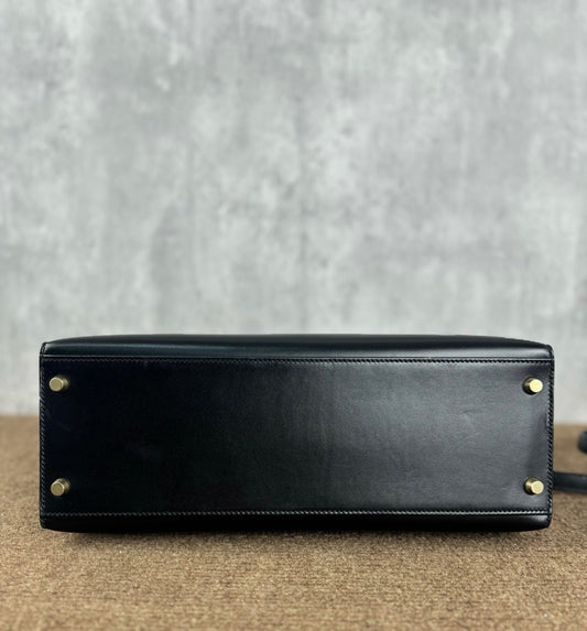 Hermes Kelly 32 Sellier Black Box Leather Double Ring Gold HW