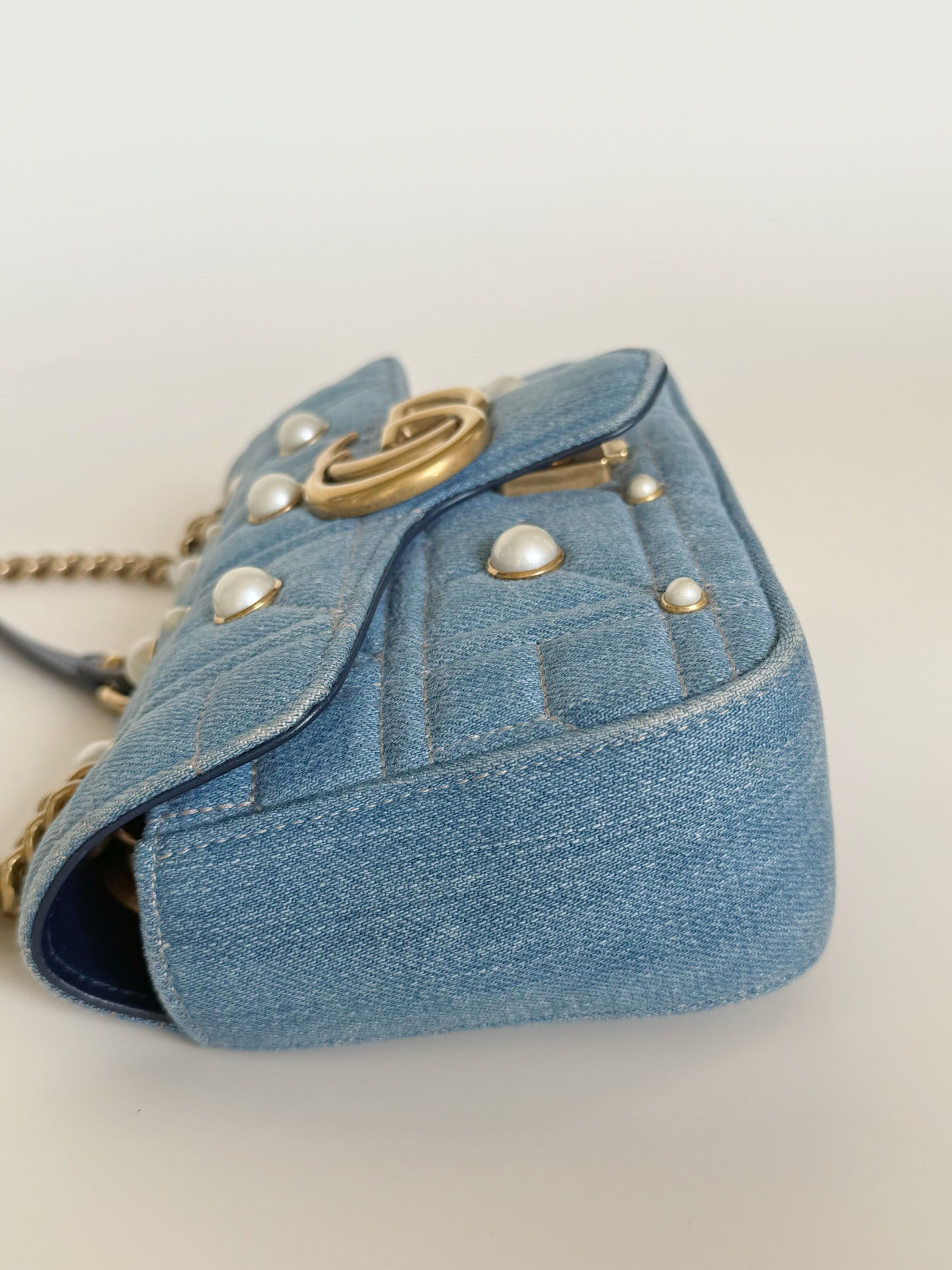 Gucci Denim Matelasse Pearl Studded GG Marmont Shoulder Bag Limited Edition