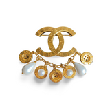 Chanel CC & Button Brooch in Gold and Pearl White