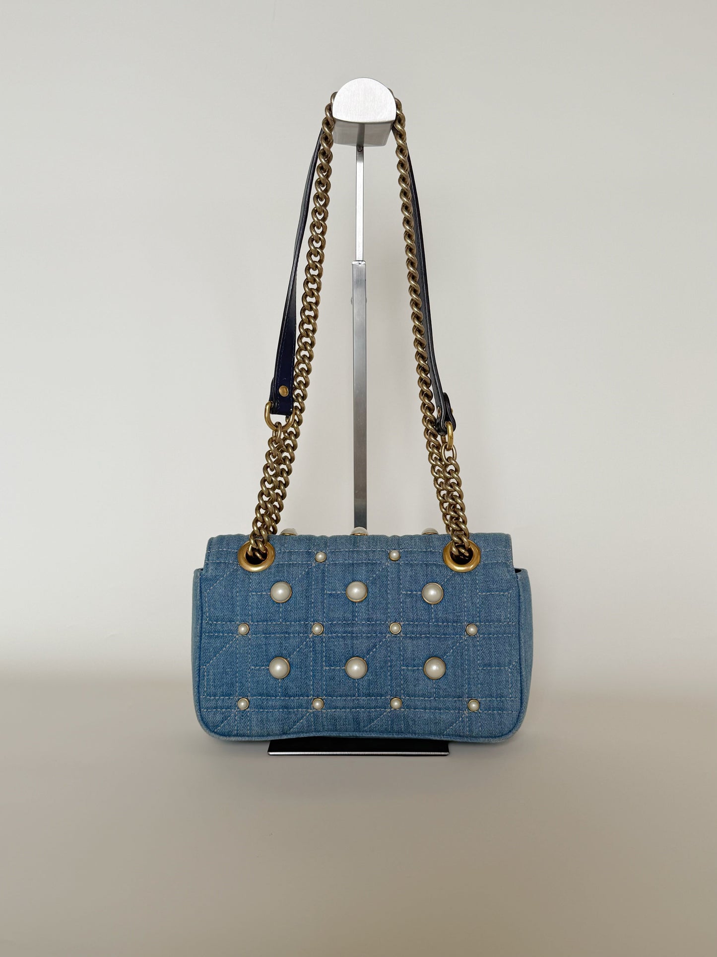 Gucci Denim Matelasse Pearl Studded GG Marmont Shoulder Bag Limited Edition