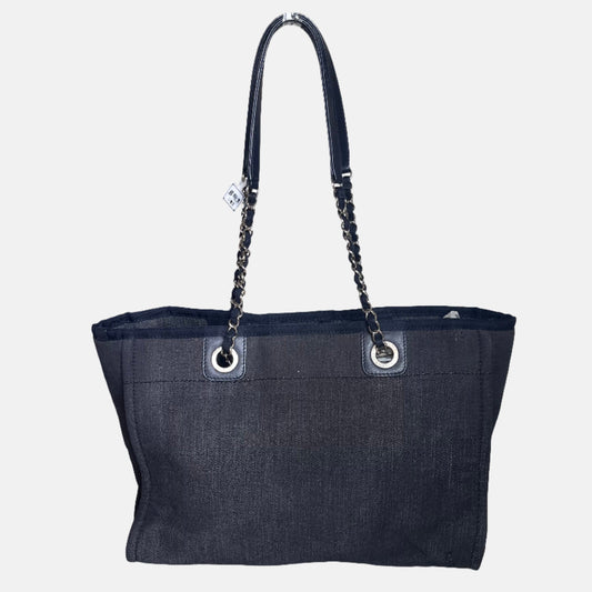 Chanel Deauville Tote 2016 Medium Navy Denim Top Handle Shoulder Bag