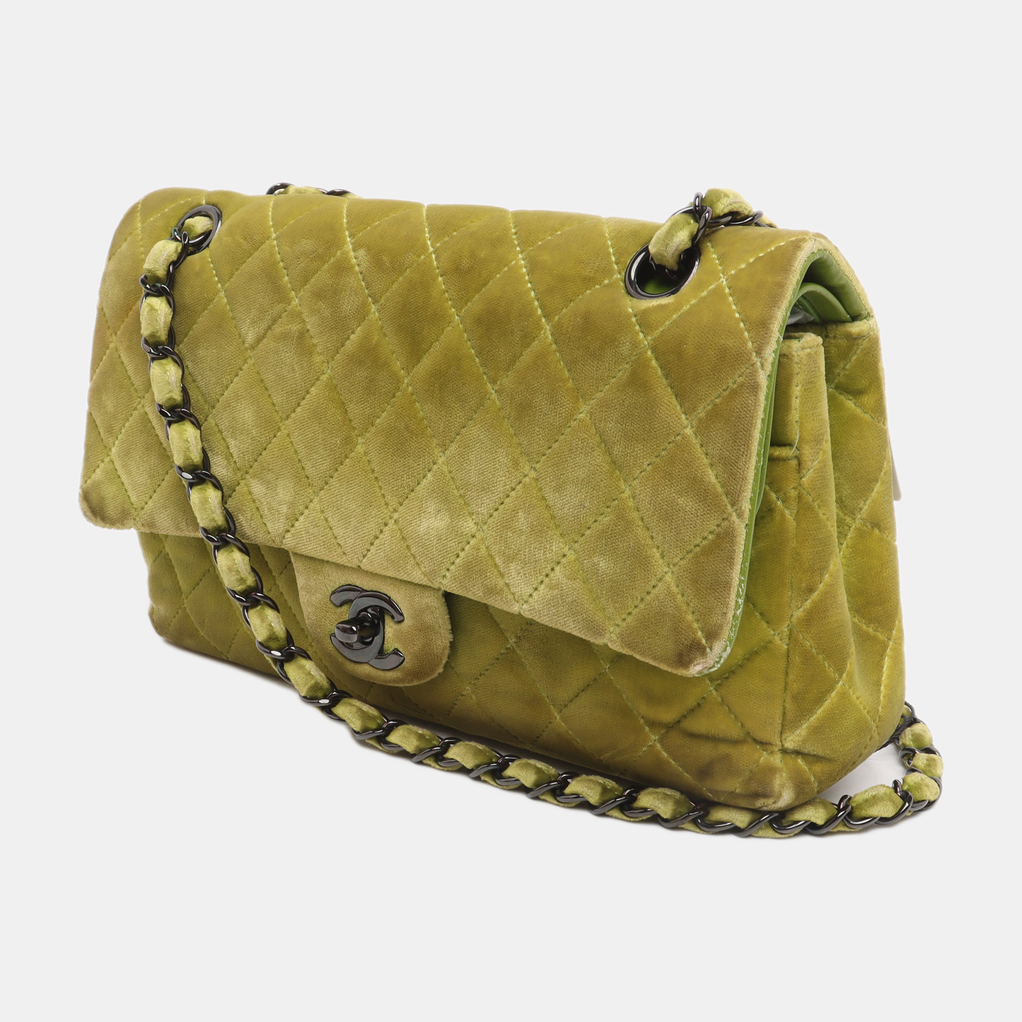 Chanel Classic Flap Medium Green Velvet Black Hardware, 2014-2015