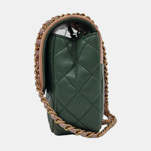 Chanel Mini Flap Green Lambskin Pink Edges Crossbody Bag