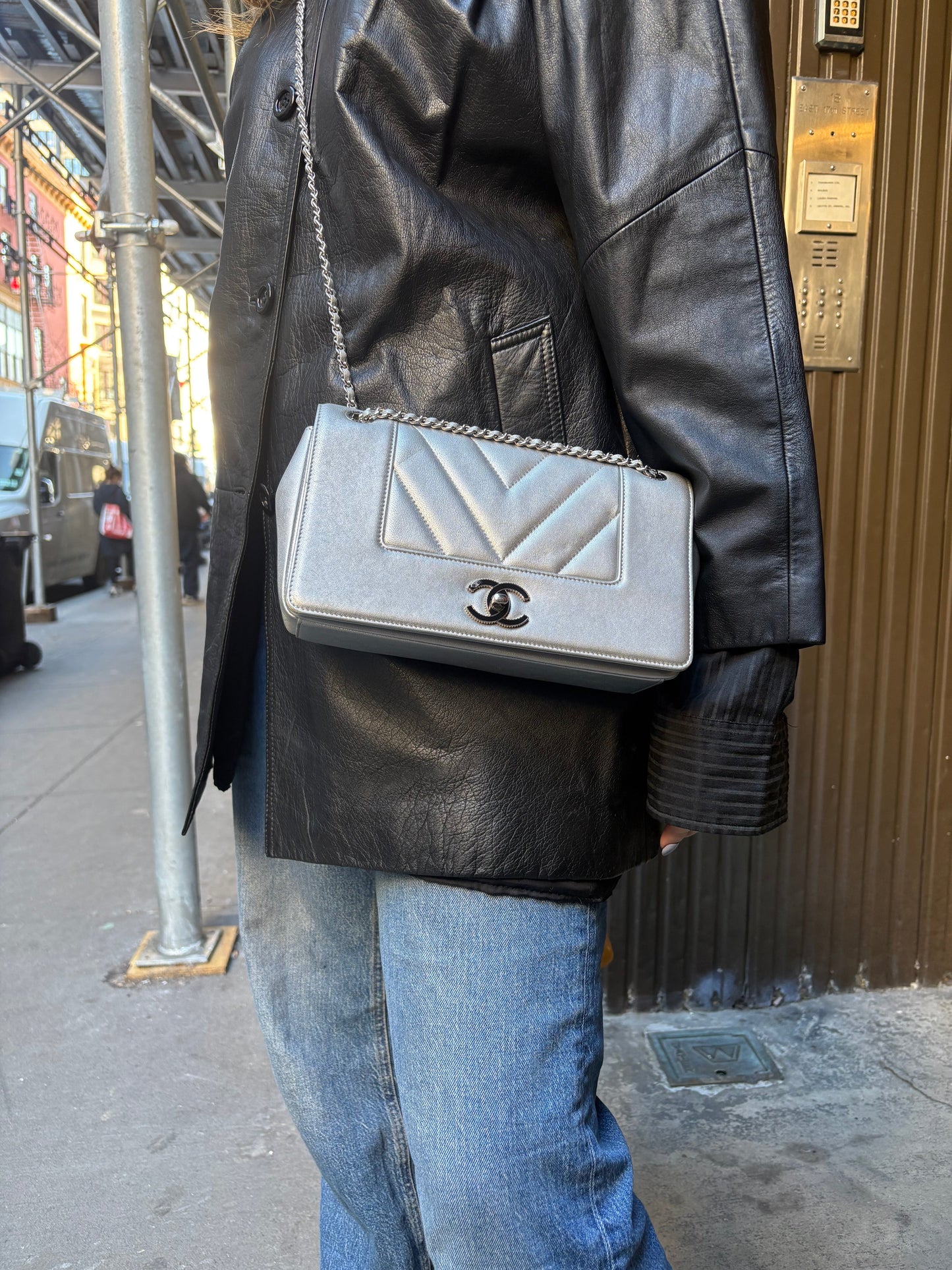 Chanel 2017 Mademoiselle Silver Chevron Single Flap