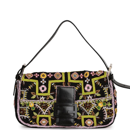 Fendi Baguette Bag Multicolor Bead Embroidered Canvas Silver Hardware