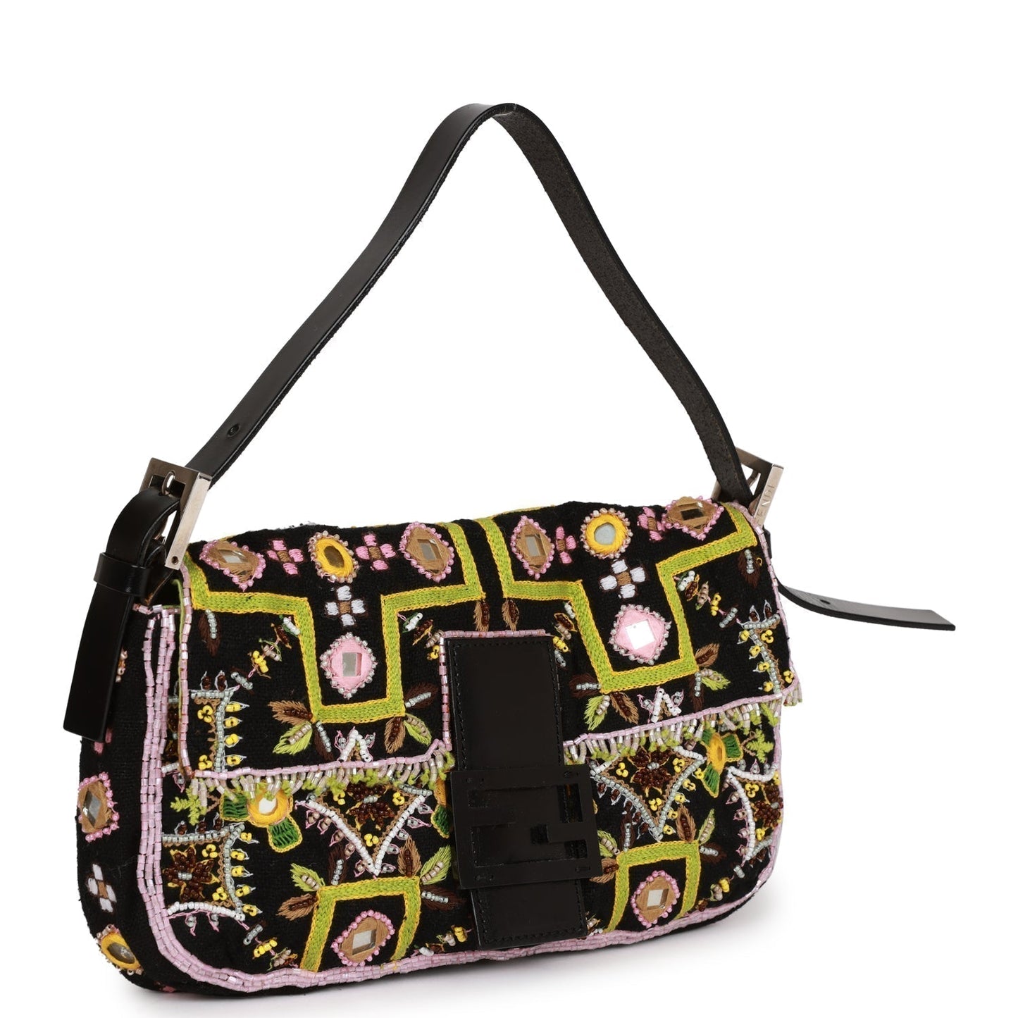 Fendi Baguette Bag Multicolor Bead Embroidered Canvas Silver Hardware