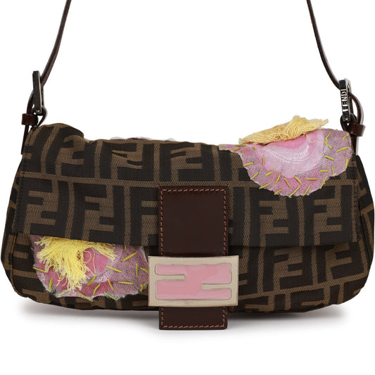 Fendi Baguette Bag Brown Flower Applique Silver Hardware