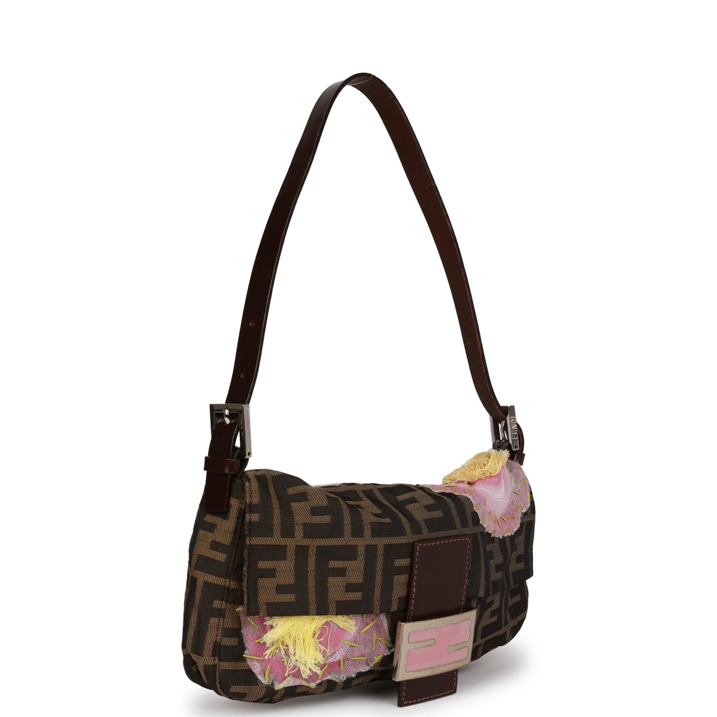 Fendi Baguette Bag Brown Flower Applique Silver Hardware