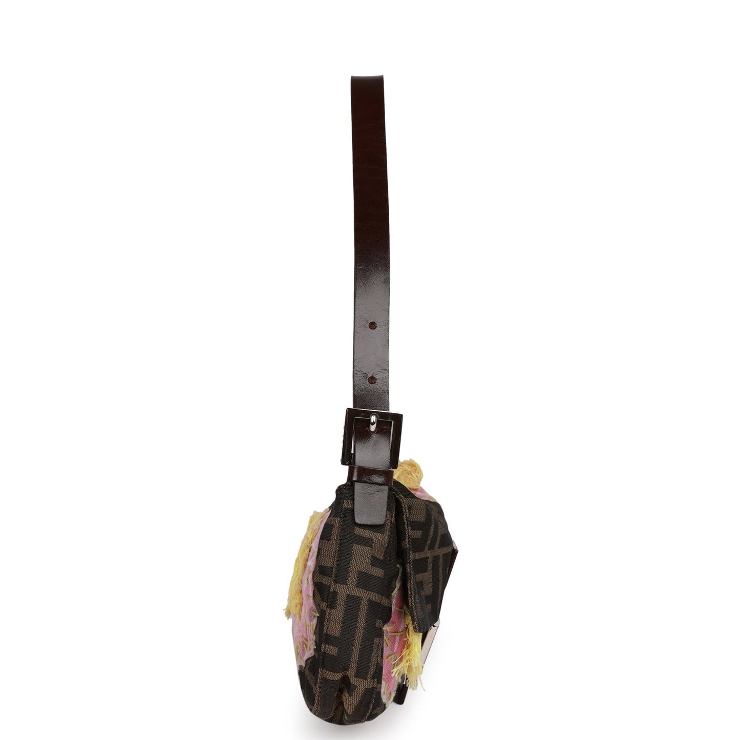 Fendi Baguette Bag Brown Flower Applique Silver Hardware