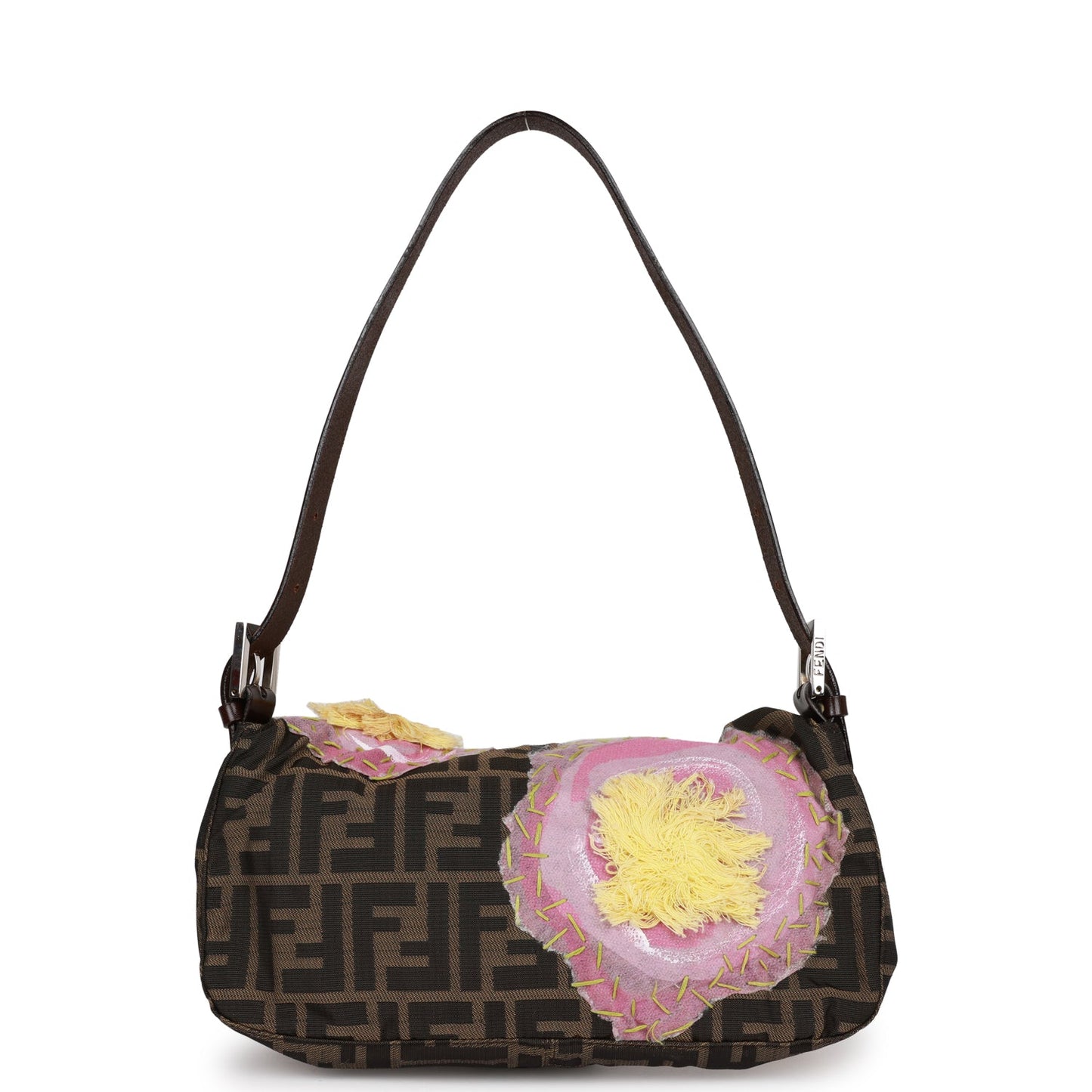 Fendi Baguette Bag Brown Flower Applique Silver Hardware