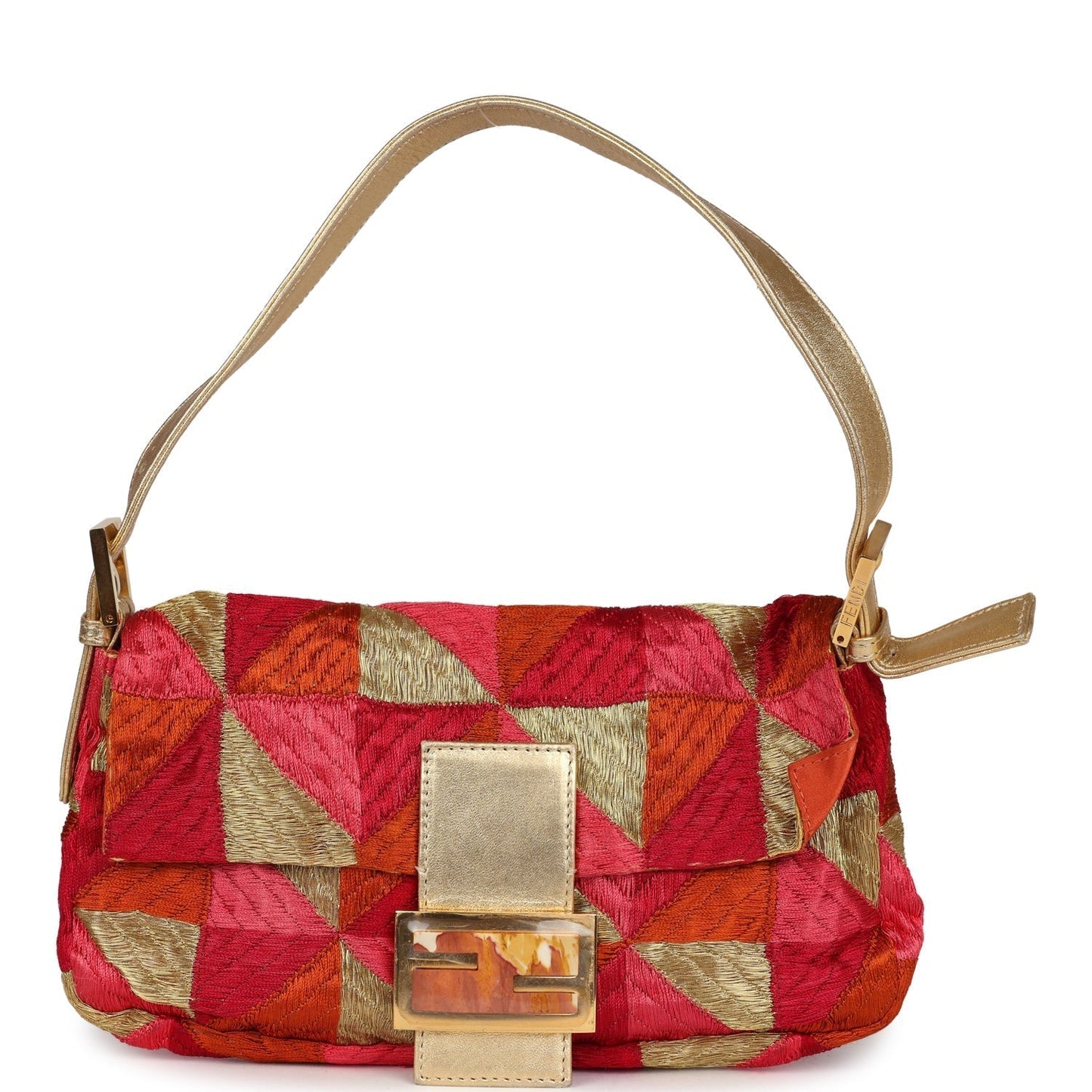 Fendi Patchwork Baguette Bag Gold, Pink, Orange and Red Embroidered Silk Gold Hardware