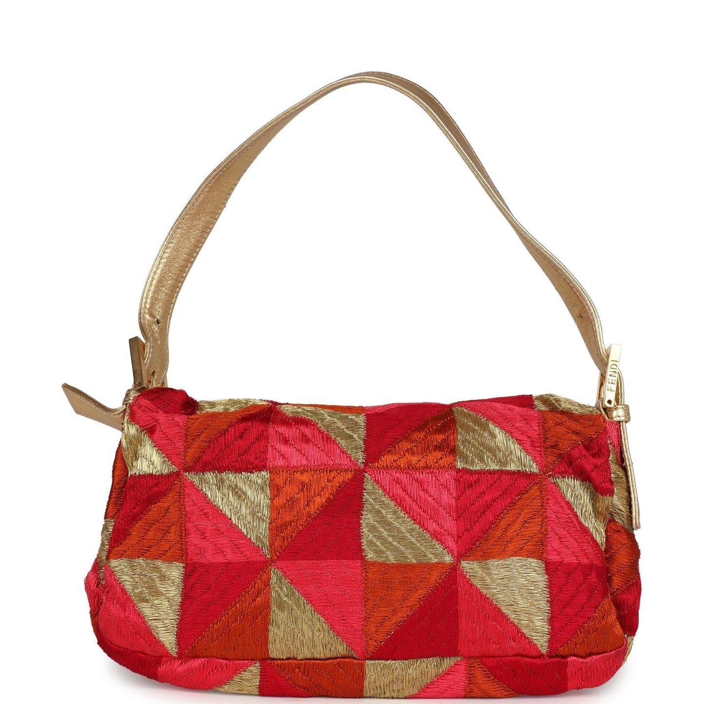 Fendi Patchwork Baguette Bag Gold, Pink, Orange and Red Embroidered Silk Gold Hardware