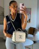 Chanel White Caviar Vanity Case with Zebra Motif CC Logo and Silver Hardware