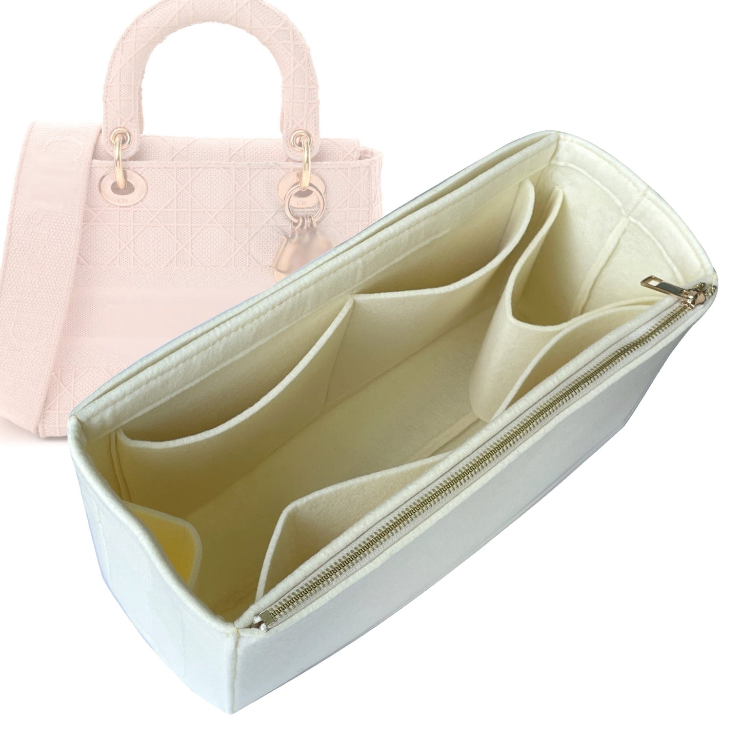 Organizer for [Large Lady D-Lite Bag, Dior] Bag Insert (Felt, Full-width Zip and Open Pocket)