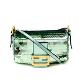 Fendi Light Green Satin Sequin Paillettes Shiny Nappa Mini Baguette 1997