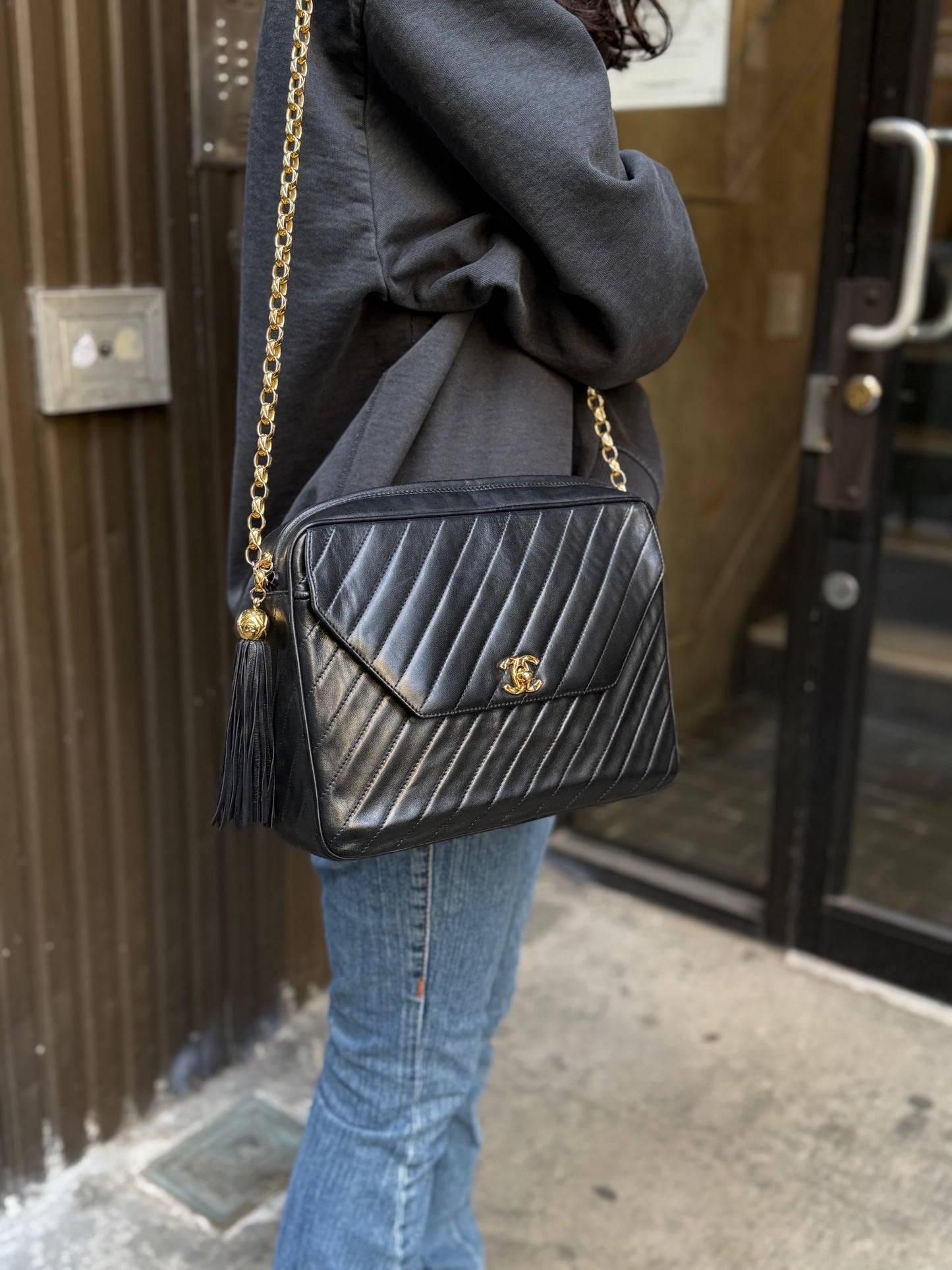 Chanel Black Leather Bias Stitch Camera Bag 1992
