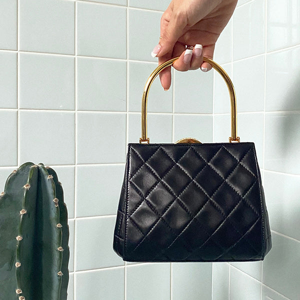Chanel Around 1998 Made Logo Metal Clasp Handbag Black
