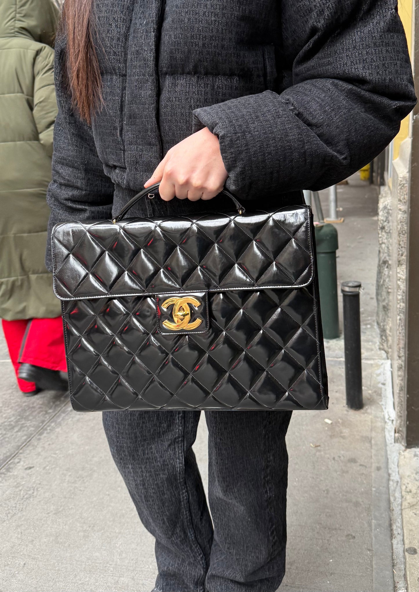 Chanel CC Black Patent Quilted Flap Briefcase Handbag '95