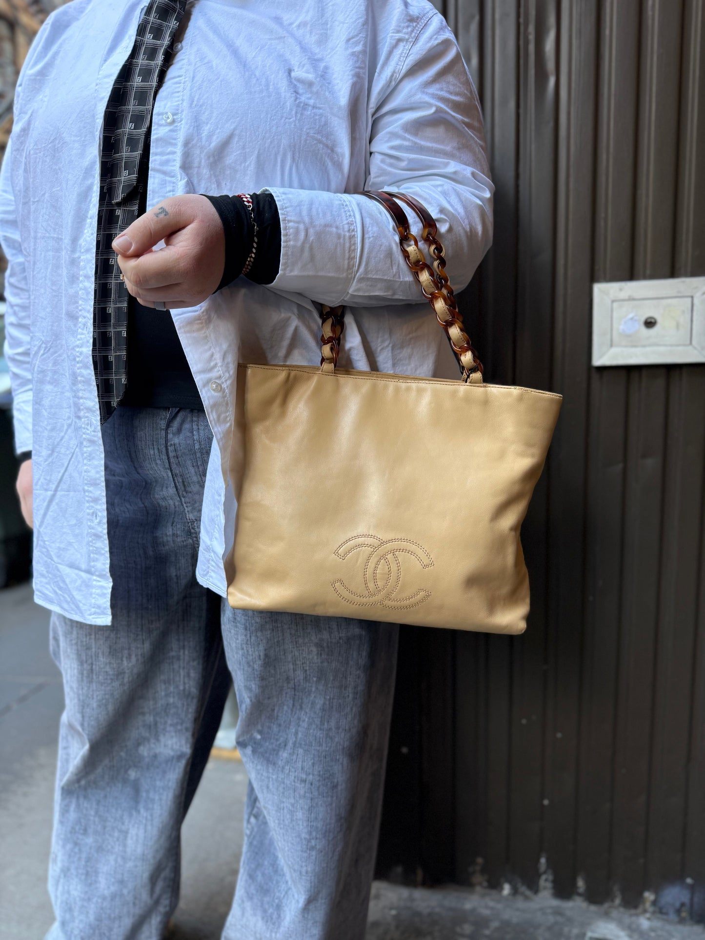 Chanel CC Beige Leather Plastic Chain Tote 1998