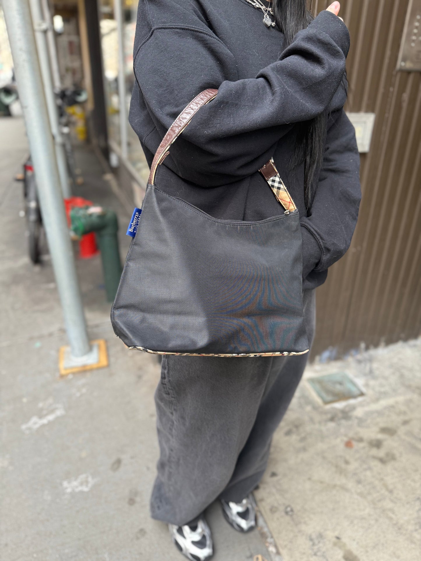 Burberry Nylon Check-Trimmed Shoulder Bag