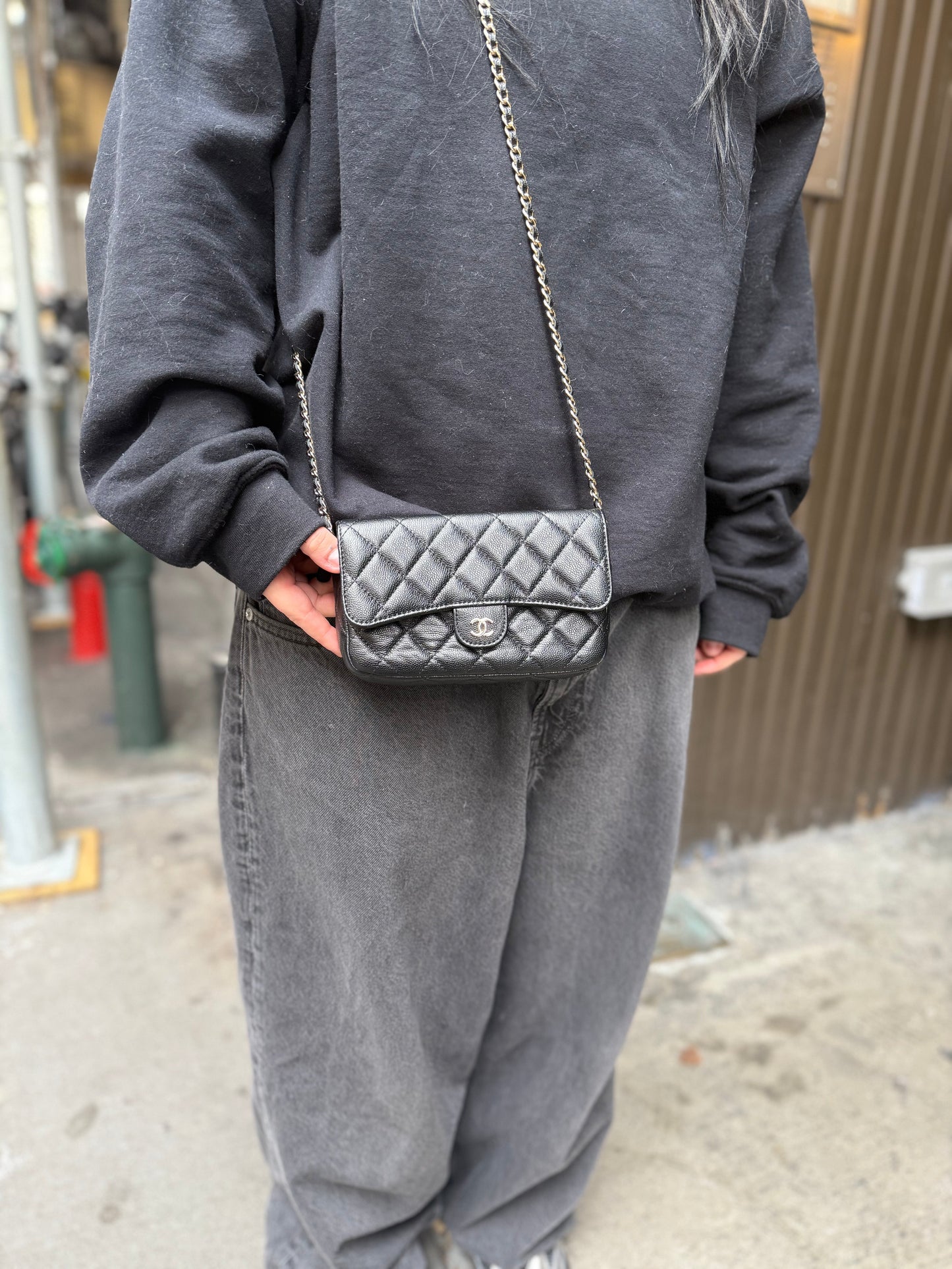 Chanel Black Quilted Flap Phone Chain Handbag